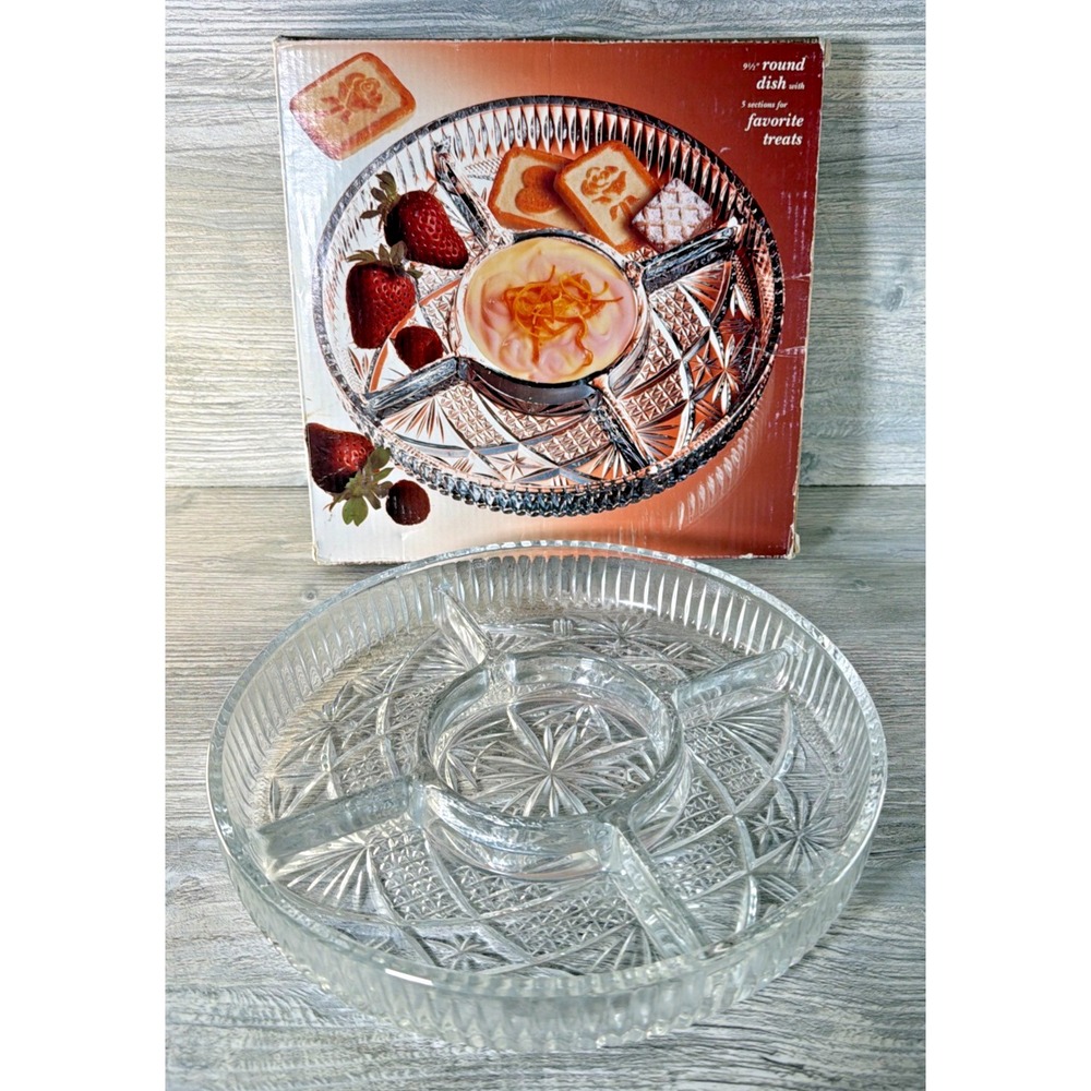 Laura Glass Works Round Dish Lead Crystal Glass 5 Sections For Treats Dips 9.5"